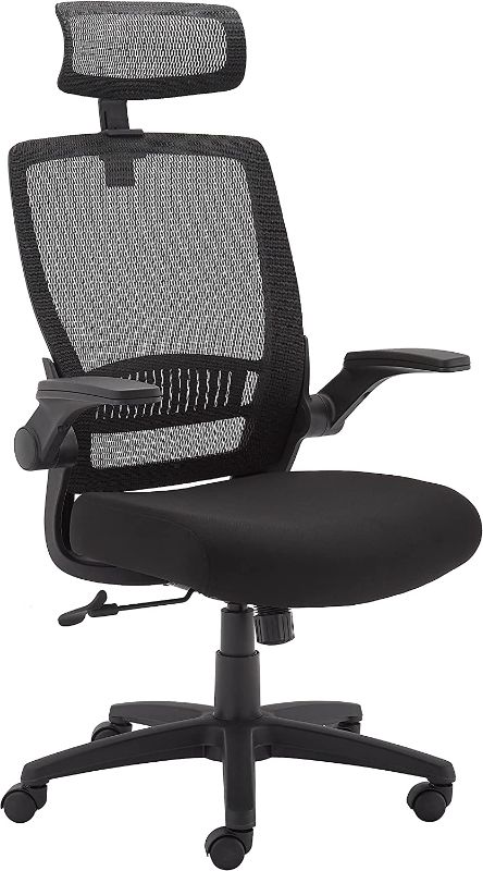 Photo 1 of Amazon Basics Ergonomic Adjustable High-Back Mesh Chair with Flip-Up Arms and Headrest, Upholstered Mesh Seat - Black