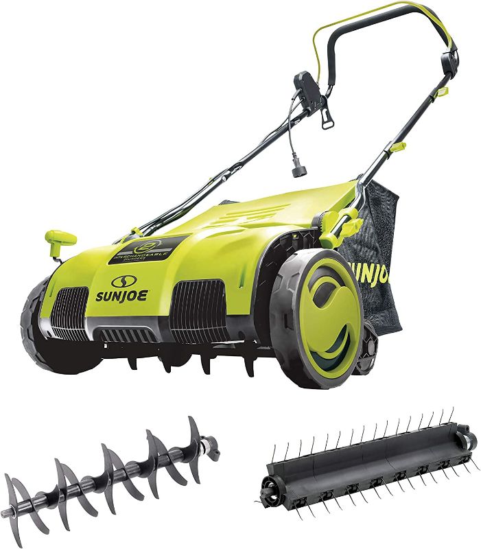 Photo 1 of Sun Joe AJ805E 15-Inch 13-Amp Electric Dethatcher and Scarifier w/Removeable 13.2-Gal Collection Bag, 5-Position Height Adjustment, Airboost Technology Increases Lawn Health, Green
