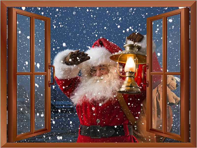 Photo 1 of 2 PK wall26 Removable Wall Sticker/Wall Mural, Santa Claus Carrying Gifts Outside of Window on Christmas Eve
