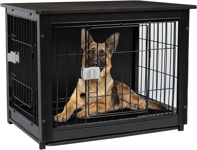 Photo 1 of Aivermeil Furniture Style Dog Crate ,Wooden Dog Kennel Furniture Indoor Double Doors Removable with Locked,Dog Crate End Table Side Table Walnut Black 32IN
