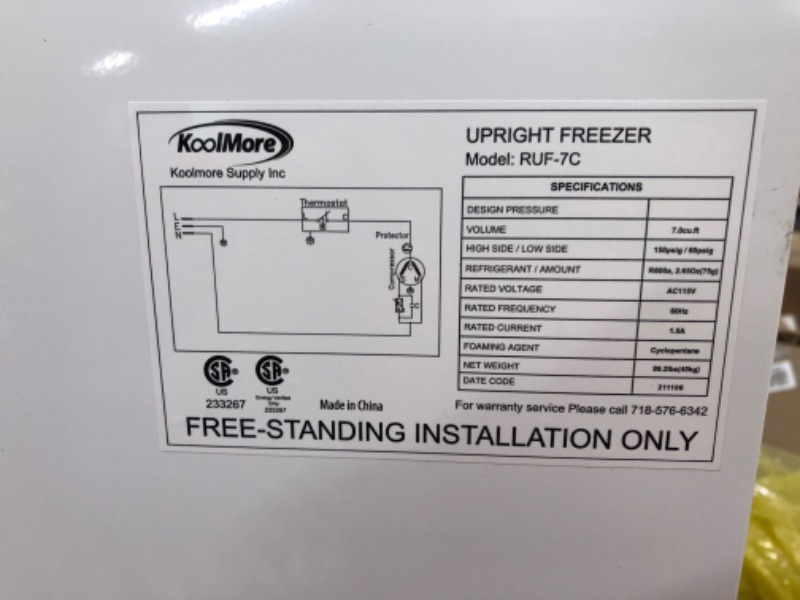 Photo 6 of KoolMore RUF-7C 7 Cu. Ft. Upright Freezer, Uniform Cooling, Adjustable Thermostat, and Glass Shelf Storage System with Pizza Shelving, Modern Kitchen or Garage Unit, White
