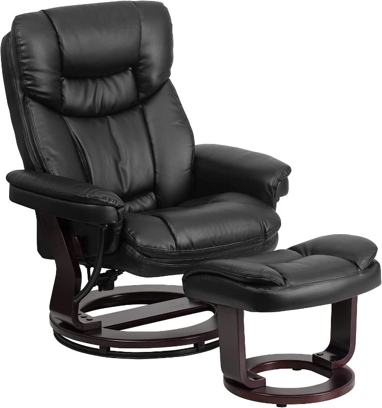 Photo 1 of (FACTORY SEALED)Flash Furniture Contemporary Multi-Position Recliner and Curved Ottoman with Swivel Mahogany Wood Base in Black LeatherSoft
