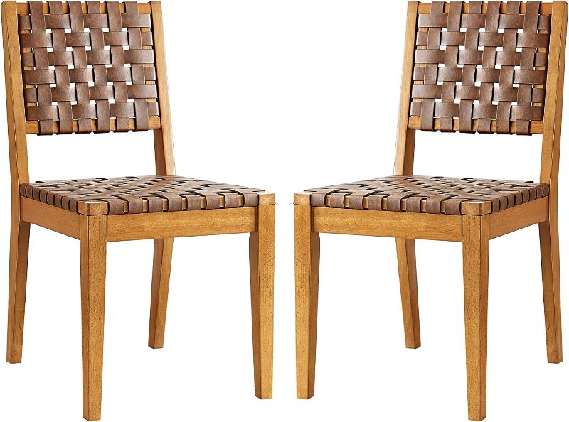 Photo 1 of Amazon Brand – Rivet Faux Leather Woven Dining Chair with Wood Frame, Set of 2, 18"W, Brown
