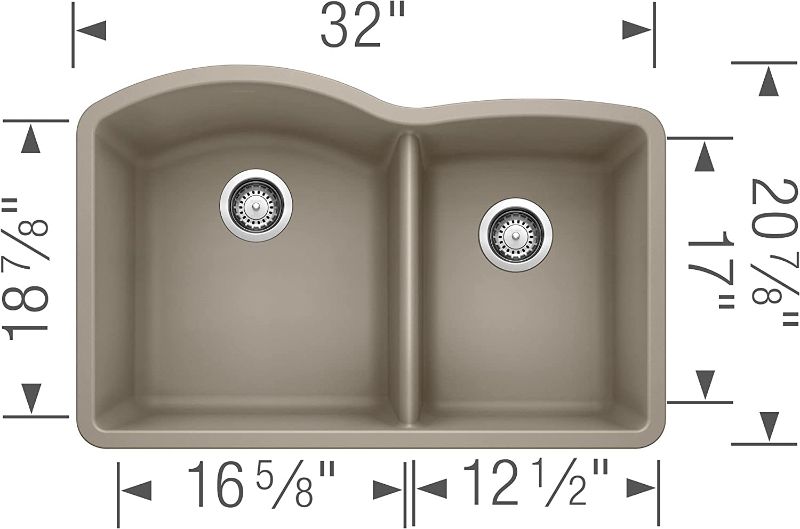 Photo 1 of BLANCO, Truffle 441284 DIAMOND SILGRANIT 60/40 Double Bowl Undermount Kitchen Sink, 32" X 21" **missing drain covers** 
