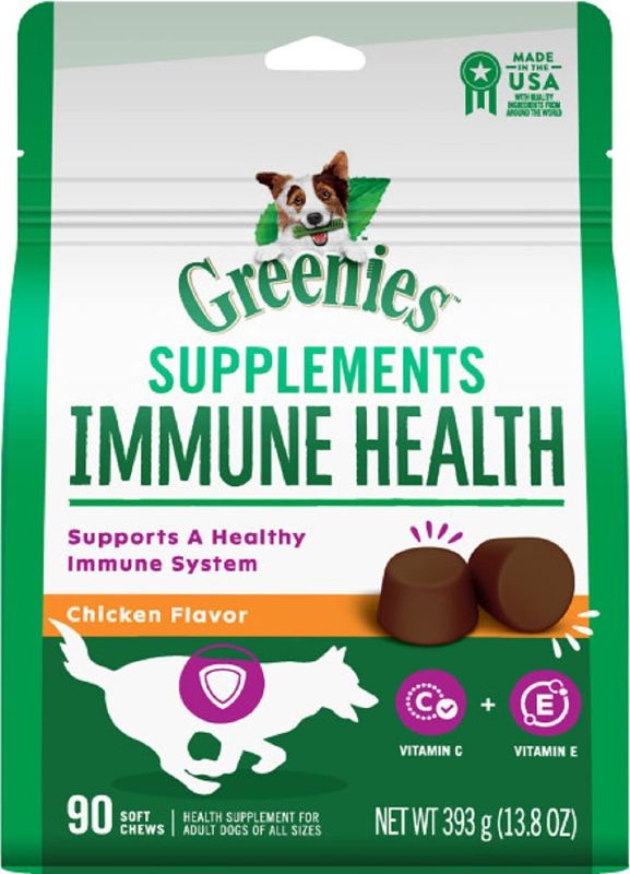 Photo 1 of 
Greenies Immune Health Dog Supplements with an Antioxidant Blend of Vitamin C and E, 90-Count Chicken-Flavor Soft Chews for Adult Dogs EXP 8/22