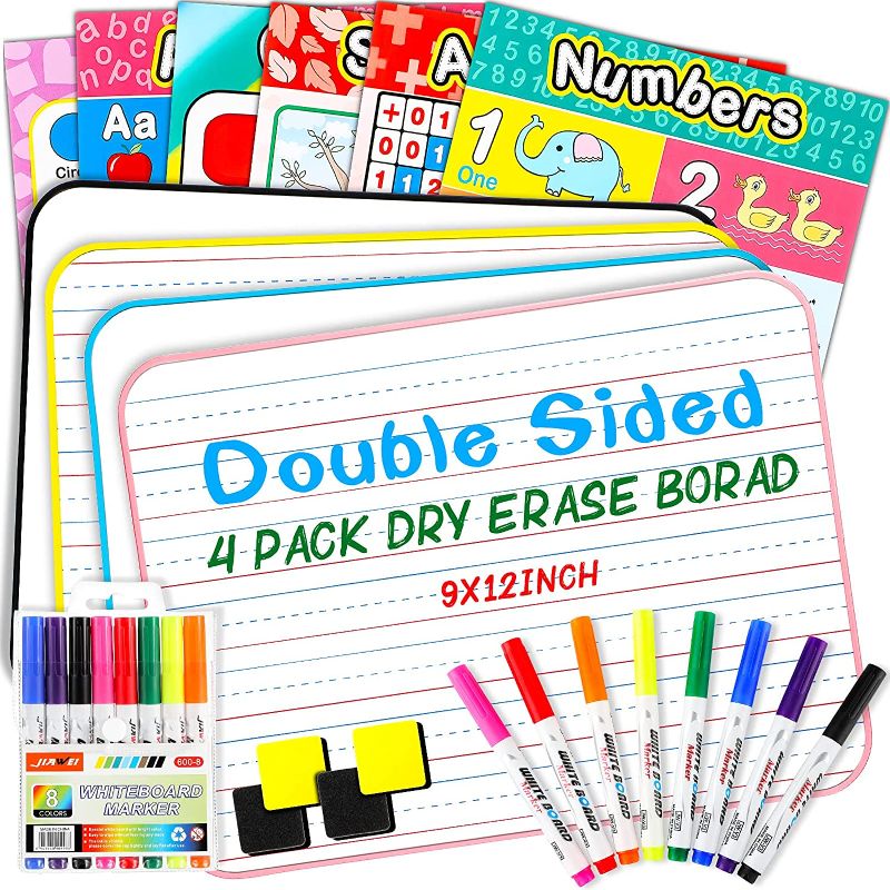 Photo 1 of 4 Pieces Dry Erase Board 9 x 12 Inch Small White Board with 16 Pieces Markers 6 Pieces Educational Posters, 4 Pieces Eraser Double Sided Dry Erase Lapboard with Lines for Kids and Student