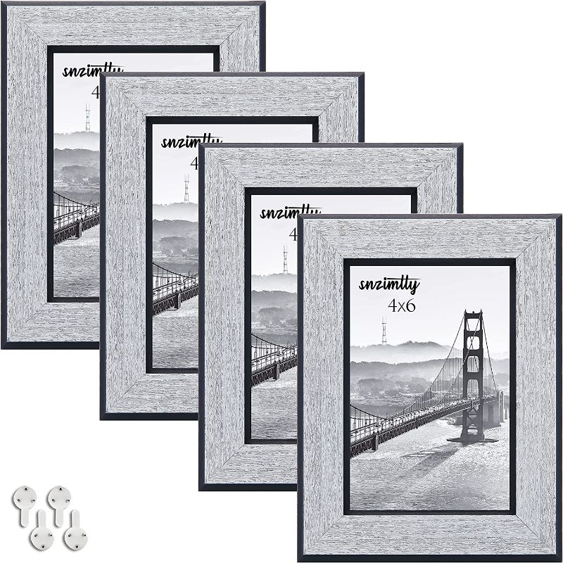 Photo 1 of 4x6 Picture Frame Set of 4 High Definition Glass Photo Frames with Decor Vertical or Horizontal Installation Glacier Gray Matte Flat Plastic Frame for Wall Mounting or Tabletop Display,Snzimtty