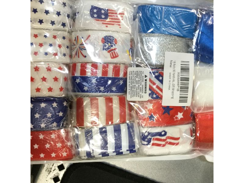 Photo 2 of 18 Rolls 90 Yards Assorted Patriotic American Stars Stripes Red White Blue USA Flag Printed Ribbons 1" Wide Grosgrain Ribbon Satin Ribbons Glitter Ribbons Organza Ribbon for Craft Gift Wrapping Sewing
