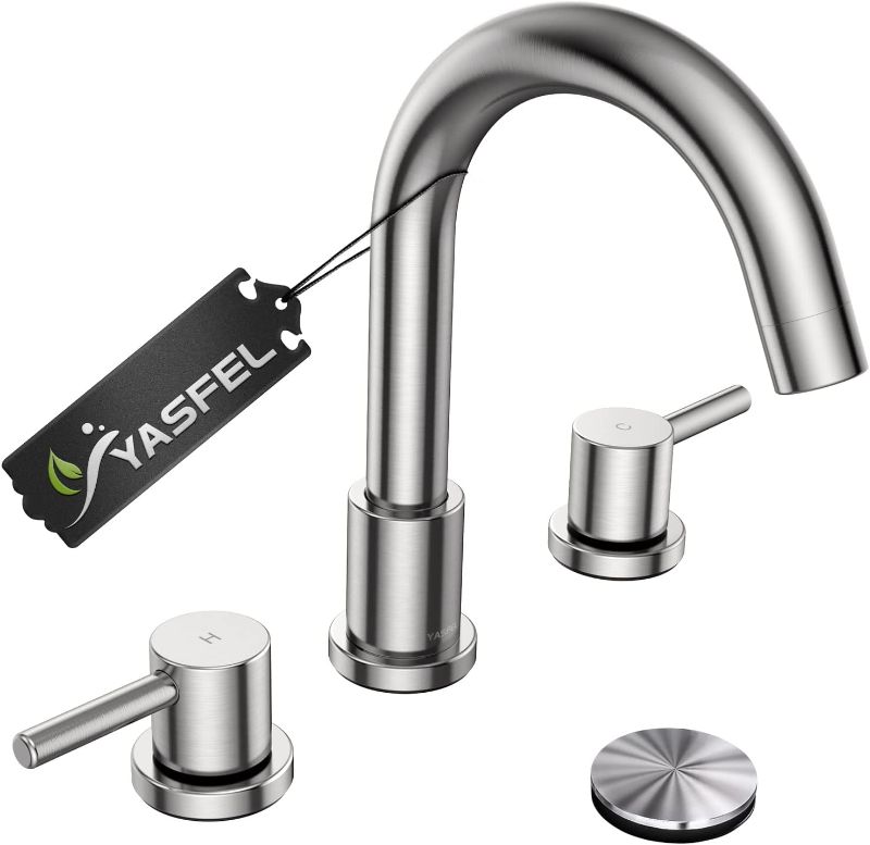 Photo 1 of YASFEL Modern Widespread Bathroom Sink Faucet, NSF and cUPC Listed, Brushed Nickel 8 Inch Bathroom Faucet 2 Handle for 3 Hole, Basin Sink Faucets W/ Drain Assembly, SUS 304
