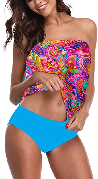 Photo 1 of Chenghe Women's Bandeau Blouson Tankini Top High Waisted Moderate Bottom Two Piece Swimsuits Bathing Suits
, SIZE XL 