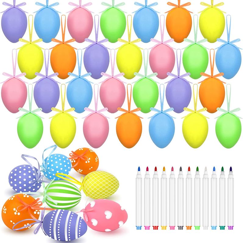 Photo 1 of Fovths 36 Pieces Easter Eggs Plastic Paint Kit, Multicolor Paintable Hanging DIY Plastic Egg Decoration Hang Ornaments Arts and Crafts Painting Gift for Easter Home Office Party Supplies, 8 x 6 cm
