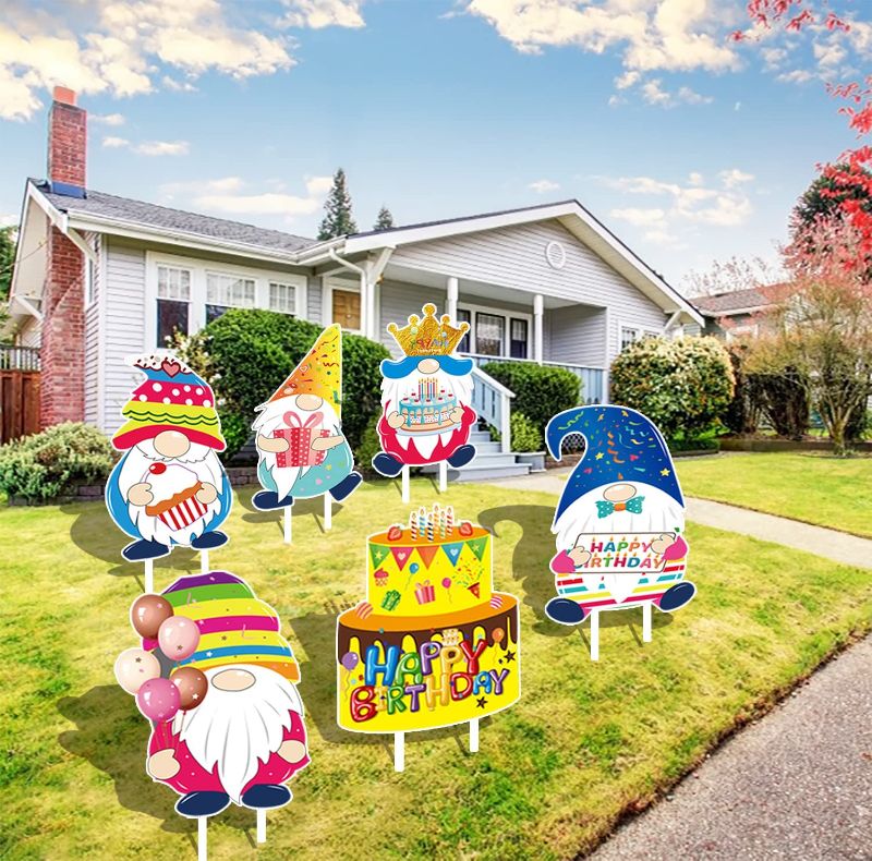 Photo 1 of 6 Pcs Happy Birthday Yard Signs, 15" Faceless Gnome Bday Yard Sign with Stakes Colorful Weather-Resistant Corrugated Plastic Board Signs for Outdoor Backyard Lawn Celebration Birthday Decorations

