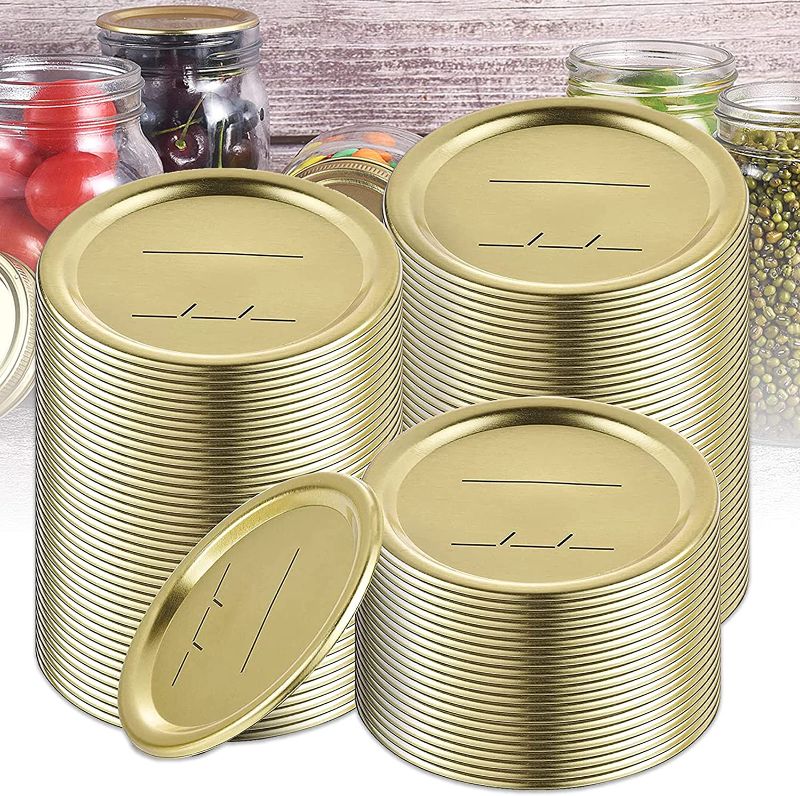 Photo 1 of Canning Lids,100 Pcs Regular Mouth Canning Lids for Ball, Kerr, Mason jar Lids,(Not Include Band) Metal Lid Split-Canning Jar Lids with Silicone Seals Rings- for Home Canning&Food Storage (70MM Gold)

