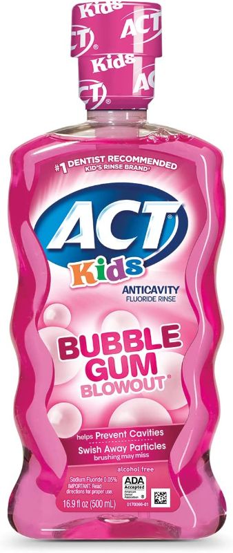 Photo 1 of ACT Kids Anticavity Fluoride Rinse Bubble Gum Blowout 16.9 fl. oz. Accurate Dosing Cup, Alcohol Free
, EXP 07/23, 3 COUNT 