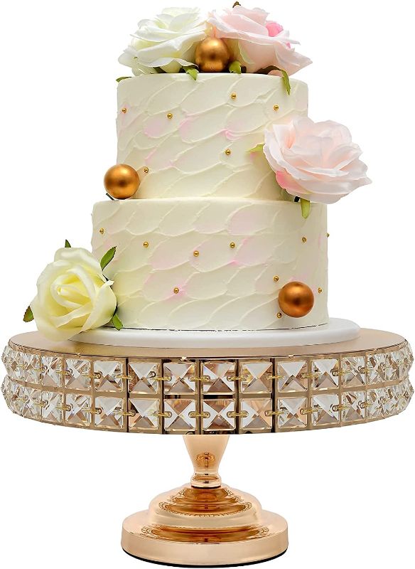 Photo 1 of 12 Inch Gold Decorative Metal Pedestal Cake Serving Stand Centerpiece Riser with Genuine Mineral Crystals- Perfect for Weddings, Birthdays and Special Occasions (Gold, 12")
