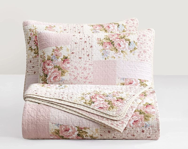 Photo 1 of Chezmoi Collection Rosy 3-Piece Printed Patchwork Cotton Quilt Set - Pink Flower Floral Striped Polka Dots - Stone Washed Lightweight Bedspread, Queen Size
