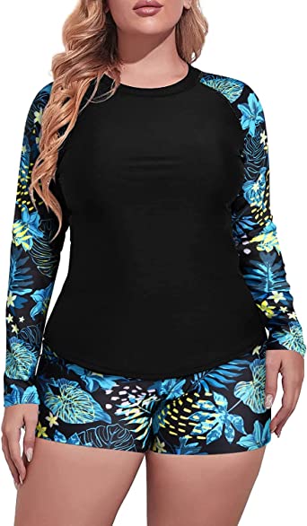 Photo 1 of Daci Women Plus Size 2 Piece Long Sleeve Rash Guard Swimsuit Swim Shirts Top UPF 50+ with Boy Short Swimwear
, SIZE 18W 