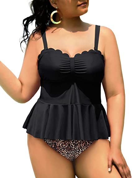 Photo 1 of Yonique 2 Piece Plus Size Tankini Swimsuits for Women High Waisted Tummy Control Scalloped Bathing Suits Peplum Swimwear
 SIZE 14W