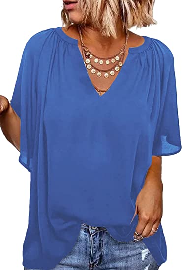 Photo 1 of Dokotoo Womens Chiffon Blouses Casual Solid Bell Sleeve Shirt Loose V Neck Pleated Tunic Tops
, SIZE 2XL 