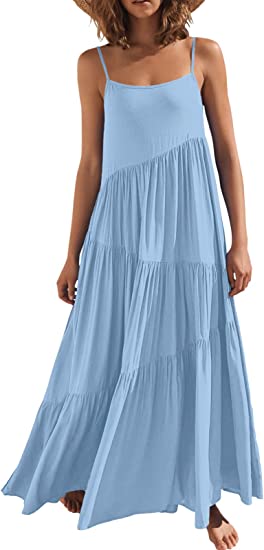 Photo 1 of ANRABESS Women’s Summer Casual Loose Sleeveless Spaghetti Strap Asymmetric Tiered Beach Maxi Long Dress BLUE, LARGE