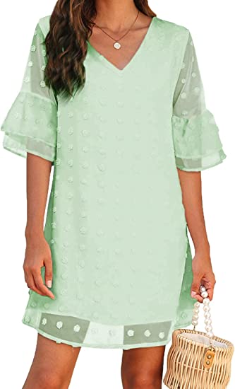 Photo 1 of BELONGSCI Women's Dress Sweet & Cute V-Neck Ruffle Bell Sleeve Swiss Dot Shift Dress Mini Dress
, SIZE XL 