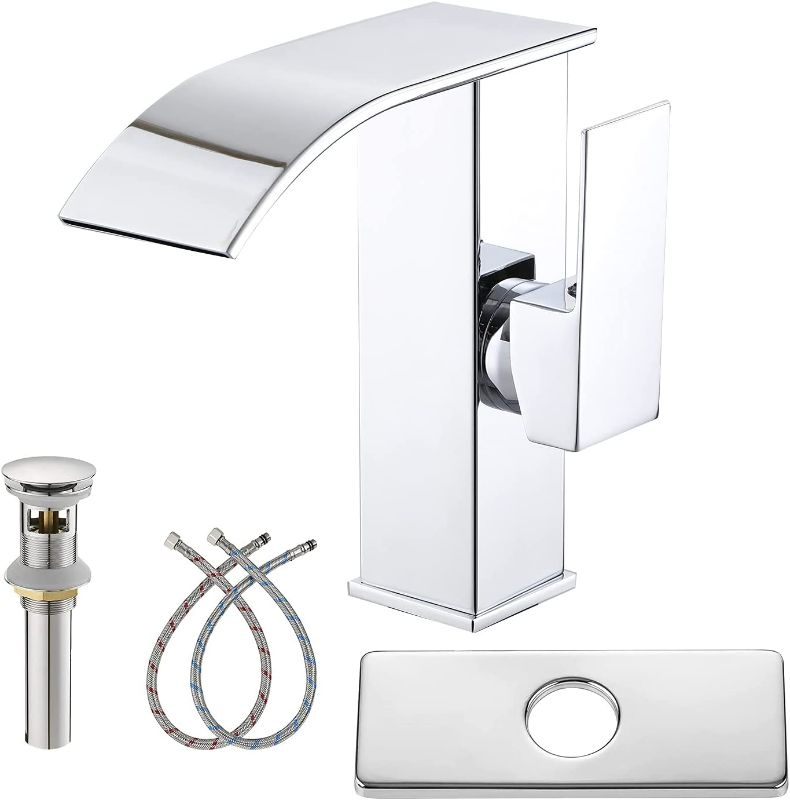 Photo 1 of Bathroom Chrome Faucet Single Handle 1 Hole Bath Sink Lavatory Vanity Faucet Waterfall with Overflow Pop Up Drain Brass Deck Mount Commercial Modern Basin Tap
