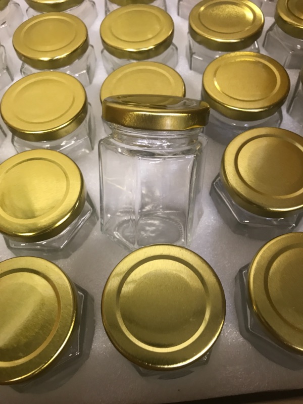 Photo 3 of 3 oz Hexagon Glass Jars with Golden Lids.Set of 30 Pack 90 ml Canning Jars Containers for Spice Jam,Jelly, Wedding Favors, Honey And More.Include 1 Chalk Pen and 80 Labels. (MISSING STICKERS AND MARKER)