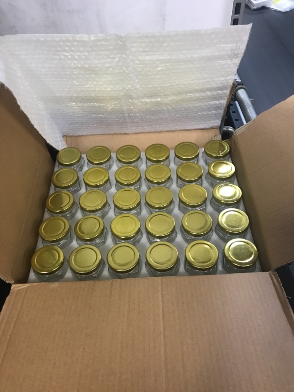 Photo 2 of 3 oz Hexagon Glass Jars with Golden Lids.Set of 30 Pack 90 ml Canning Jars Containers for Spice Jam,Jelly, Wedding Favors, Honey And More.Include 1 Chalk Pen and 80 Labels. (MISSING STICKERS AND MARKER)