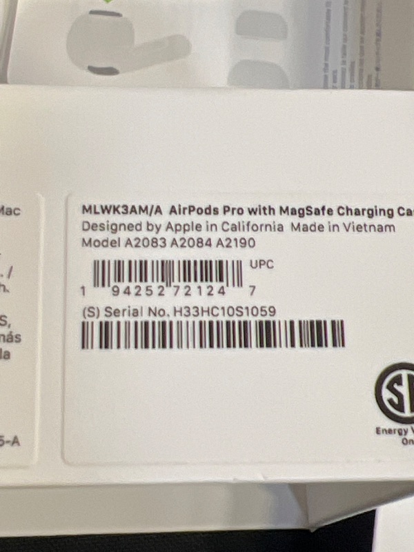 Photo 5 of Apple AirPods Pro Wireless Earbuds with MagSafe Charging Case. Active Noise Cancelling, Transparency Mode, Spatial Audio, Customizable Fit, Sweat and Water Resistant. Bluetooth Headphones for iPhone (ITEM HAS A STAIN ON ONE OF THE EARBUDS)
