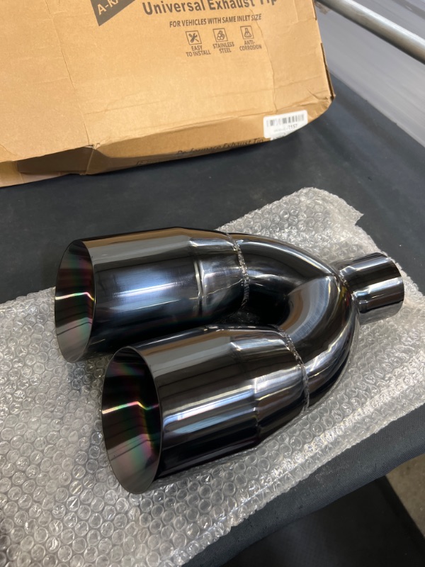 Photo 2 of A-KARCK Performance Dual Exhaust Tip 2.5" Inlet, Black Chrome Finish 2.5" Inlet 4" Outlet Muffler Tip, Double Wall Tailpipe Tip Slant Angle Edge Cut
