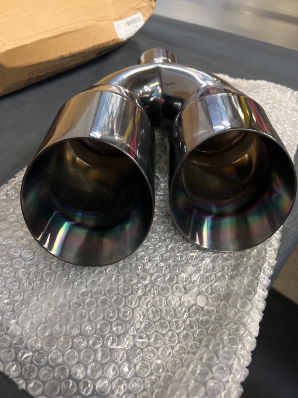 Photo 3 of A-KARCK Performance Dual Exhaust Tip 2.5" Inlet, Black Chrome Finish 2.5" Inlet 4" Outlet Muffler Tip, Double Wall Tailpipe Tip Slant Angle Edge Cut
