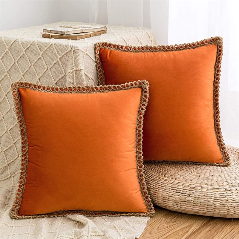 Photo 1 of AQOTHES Pack of 2 Velvet Decorative Farmhouse Burlap Trimmed Tailored Edges Decor Pillow Cover Cushion Throw Pillows for Couch Sofa, 16 x 16 Inch, Orange
