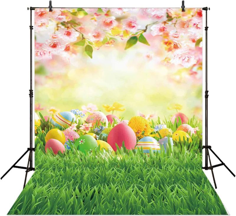 Photo 1 of Allenjoy 5x7ft Spring Happy Easter Photography Backdrop Easter Eggs Green Grass Pink Floral Background Baby Girl Kids Children Portrait Party Decorations Banner Photo Booth Studio Props
