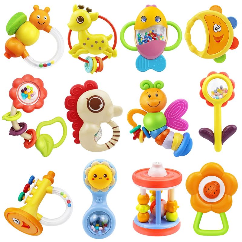 Photo 1 of MOONTOY 12pcs Baby Rattle Teething Toys, Infant Teether Shaker Grab and Spin Rattles Toy, Musical Toy Set, Early Educational Newborn Chew Toys Gifts for 0, 3, 6, 9, 12 Months Infant Baby Boys Girls
