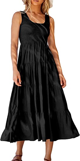 Photo 1 of ANRABESS Women's Summer Sleevelesss Smocked Sundress Boho Ruffle Tiered Swing A Line Beach Midi Dress with Pockets LARGE 
