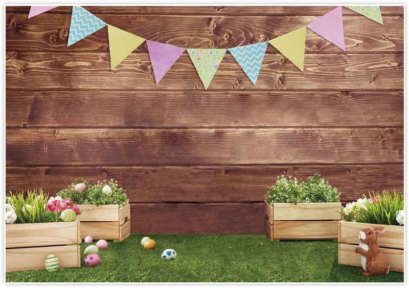 Photo 1 of Allenjoy 7x5ft Fabric Spring Easter Backdrops for Girls Photography Wrinkle Free Happy Bunny Rabbit Green Grass Brown Wooden Wall Baby Shower Kids Newborn Portrait Background Photo Studio Shooting