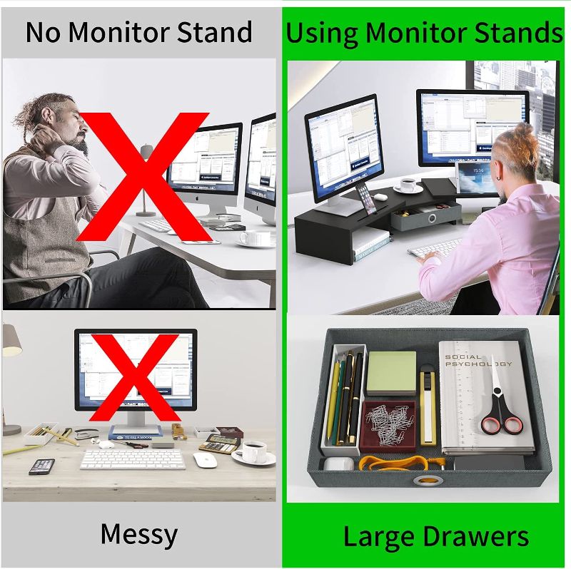 Photo 3 of WESTREE Dual Monitor Stand Riser with Drawer, Monitor Stand Riser for 2 Monitors, Adjustable Length and Angle, 2 Solts for Phone & Tablet, Desktop Organizer Stand for Computer/Laptop/PC/Printer. COLOR BLACK 