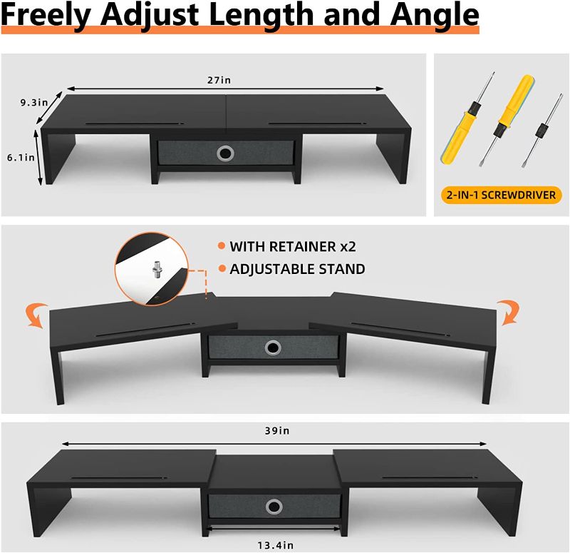 Photo 2 of WESTREE Dual Monitor Stand Riser with Drawer, Monitor Stand Riser for 2 Monitors, Adjustable Length and Angle, 2 Solts for Phone & Tablet, Desktop Organizer Stand for Computer/Laptop/PC/Printer. COLOR BLACK 