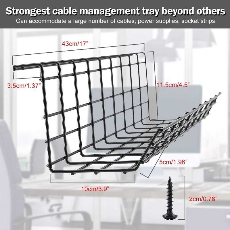 Photo 2 of Under Desk Cable Management Tray, Cable Organizer for Wire Management, Metal Wire Cable Tray for Office and Home, 2 Pack Standing Desk Tray with 15 Cable Ties and 5 Cable Clips, Black Cord Basket 17''