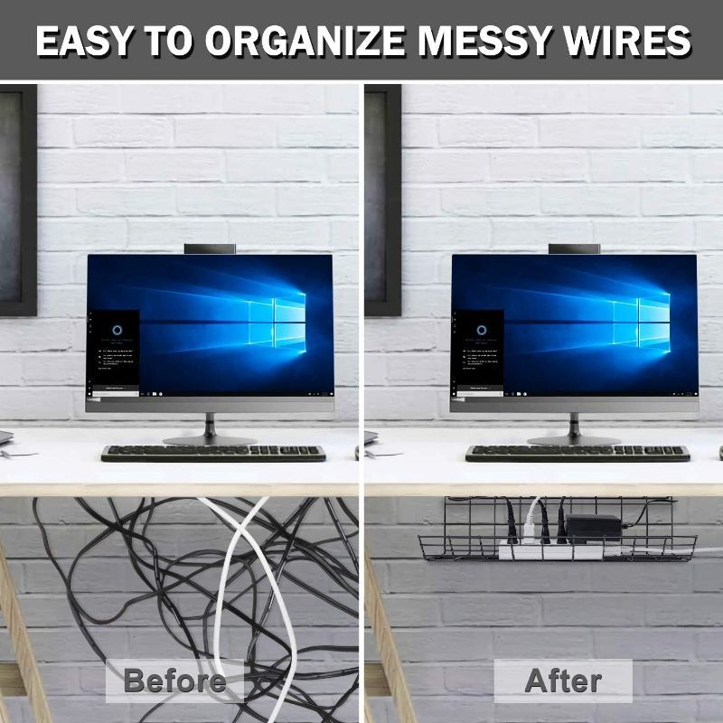 Photo 3 of Under Desk Cable Management Tray, Cable Organizer for Wire Management, Metal Wire Cable Tray for Office and Home, 2 Pack Standing Desk Tray with 15 Cable Ties and 5 Cable Clips, Black Cord Basket 17''