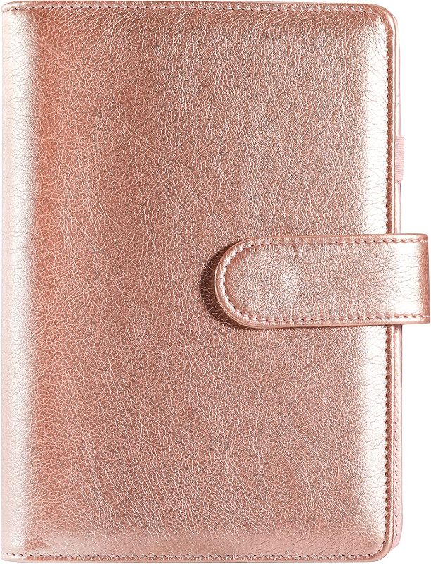 Photo 1 of A6 Notebook Binder Cover - Binder Cover 6 Ring, Mini Binder for A6 Filler Paper, Leather PU Binder Cover, Snap Button, Different Size Pockets - Rose Gold