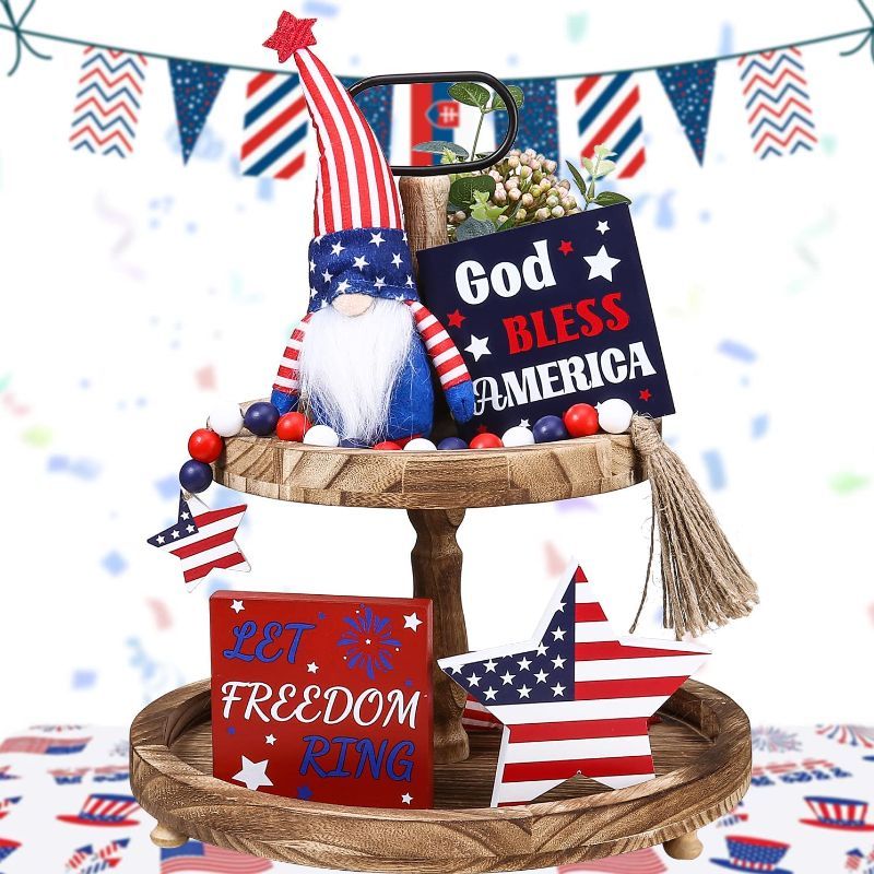 Photo 1 of 5 Pcs 4th of July Decorations, Memorial Day Decorations, Patriotic Decorations for Home, Wood Decor Signs Star Flag Gnomes Decor for Couch Bedroom Office Living Room Outside