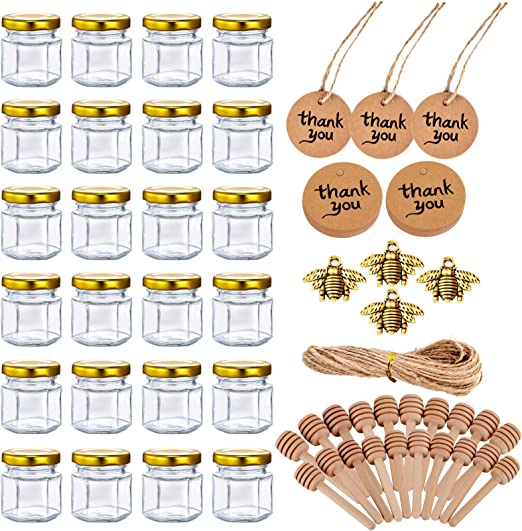 Photo 1 of [24 PACK] 1.5oz Mini Honey Jars Party Favors - Small Honey Jars with Dippers, Gold Lids, Gold Bee Charms, Thank-You Tags & Jute Twine. Cute Takehome Gifts in Bulk for Guests in Baby Shower/Wedding

