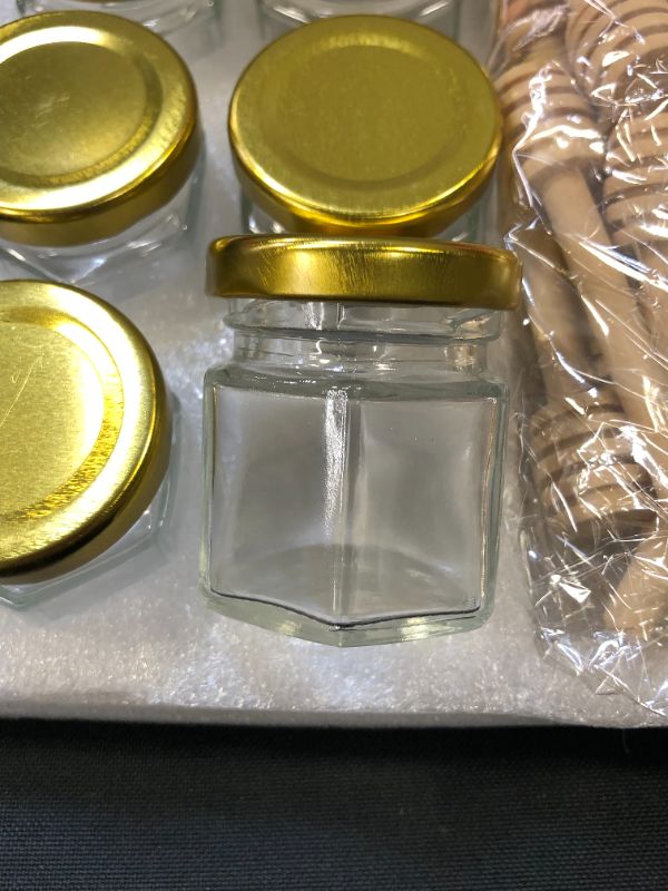 Photo 2 of [24 PACK] 1.5oz Mini Honey Jars Party Favors - Small Honey Jars with Dippers, Gold Lids, Gold Bee Charms, Thank-You Tags & Jute Twine. Cute Takehome Gifts in Bulk for Guests in Baby Shower/Wedding
