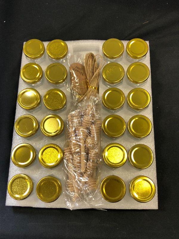 Photo 3 of [24 PACK] 1.5oz Mini Honey Jars Party Favors - Small Honey Jars with Dippers, Gold Lids, Gold Bee Charms, Thank-You Tags & Jute Twine. Cute Takehome Gifts in Bulk for Guests in Baby Shower/Wedding
