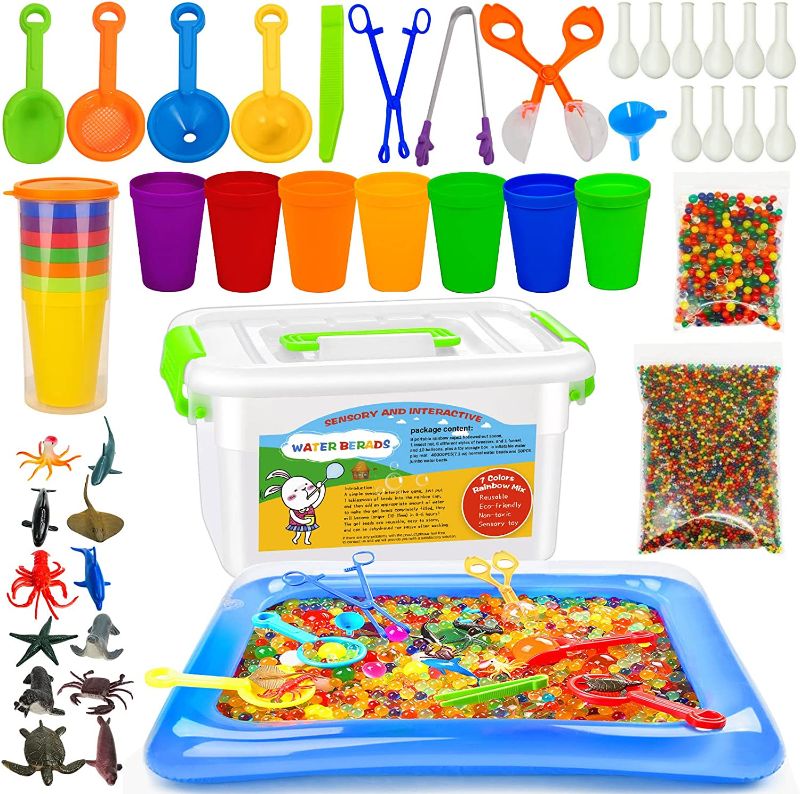 Photo 1 of 40000PCS Non Toxic Water Beads Sensory Bin, 50PCS Large Water Beads, Sensory Bins for Toddlers with 8 Cups, 12PCS Ocean Toy, 1 Funnel, 3 Colander,10 Balloons and 4 Tweezers, Inflatable Water Mat