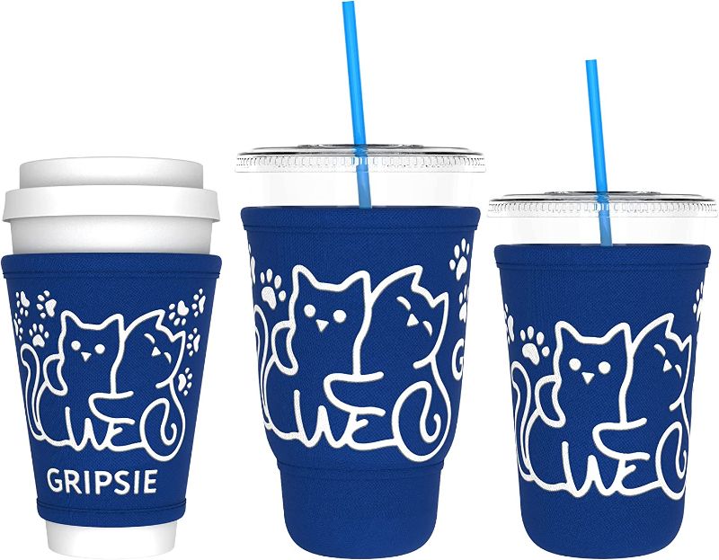 Photo 1 of 
GRIPSIE Coffee Cup Sleeves with Non-Slip Grip (3-Pack) Fits Medium & Large Drive-Thru Cups - Insulated Holders for Hot & Cold Drinks, Boba Tea, Shakes, Juice - Cute Cat Print (Royal Blue)