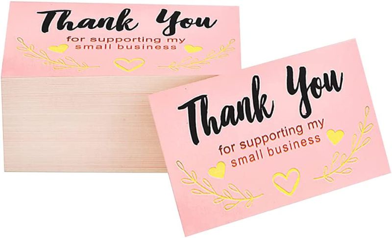 Photo 1 of Thank You for Supporting My Small Business Cards, Premium Look And Feel With Gold Foil Hearts (Business Card Sized 2"x3.5") 120 Sheets- Purchase Inserts to Support Small Business (Pink)