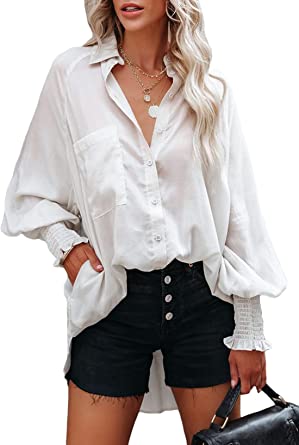 Photo 1 of Dokotoo Womens Long Lantern Sleeve Blouse Tops V Neck Button Down Pocket Shirts Turn Down Collar Lightweight Loose Blouses, SIZE XL