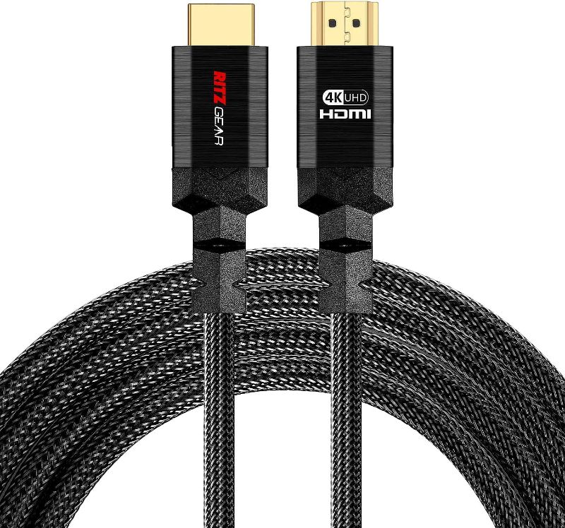 Photo 1 of 4K HDMI 2.0 Cable 8 ft. by RitzGear. 18 Gbps Ultra High Speed Braided Nylon Cord & Gold Connectors - 4K@60Hz/UHD/3D/2160p/1080p/ARC & Ethernet. Compatible with UHD TV/Monitor/PC/PS5/Xbox